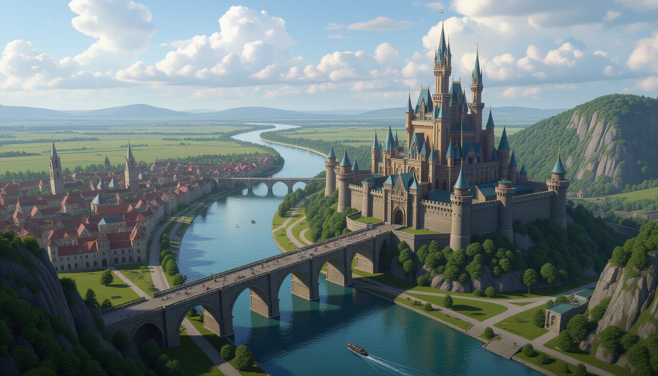 

A hyper-realistic, highly detailed digital painting of an epic fantasy landscape from a very high aerial perspective, almost like a drone ...