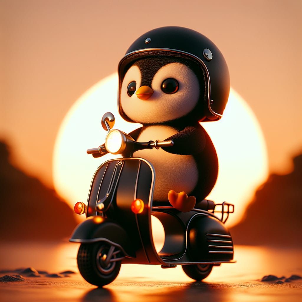 Penguin on Scooter at Sunset