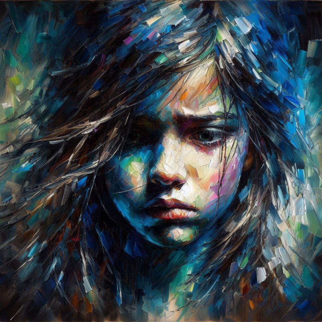 Portrait painting of a young sad girl