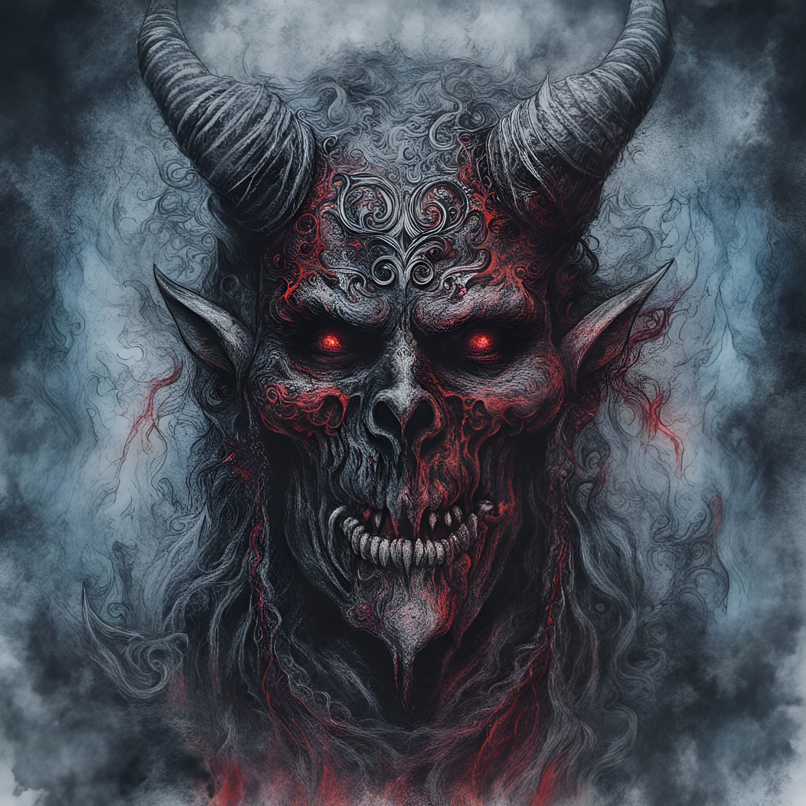 Evil scary Satanic Demon in Hell mystic blue and black and r...