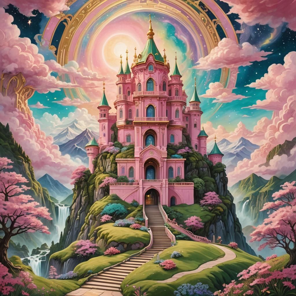 Pink Palace on Mountain in Vibrant Cosmic Style