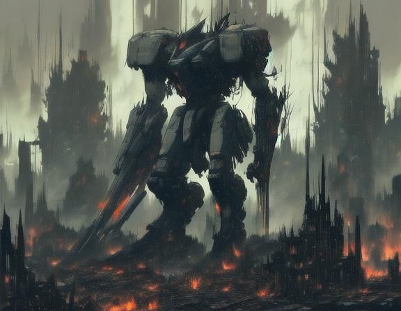 abstract fantasy, dystopian cityscape. A mecha stands tall and powerful over a ruined building. Smoke and fire surround it. <lora:Kandinsky...