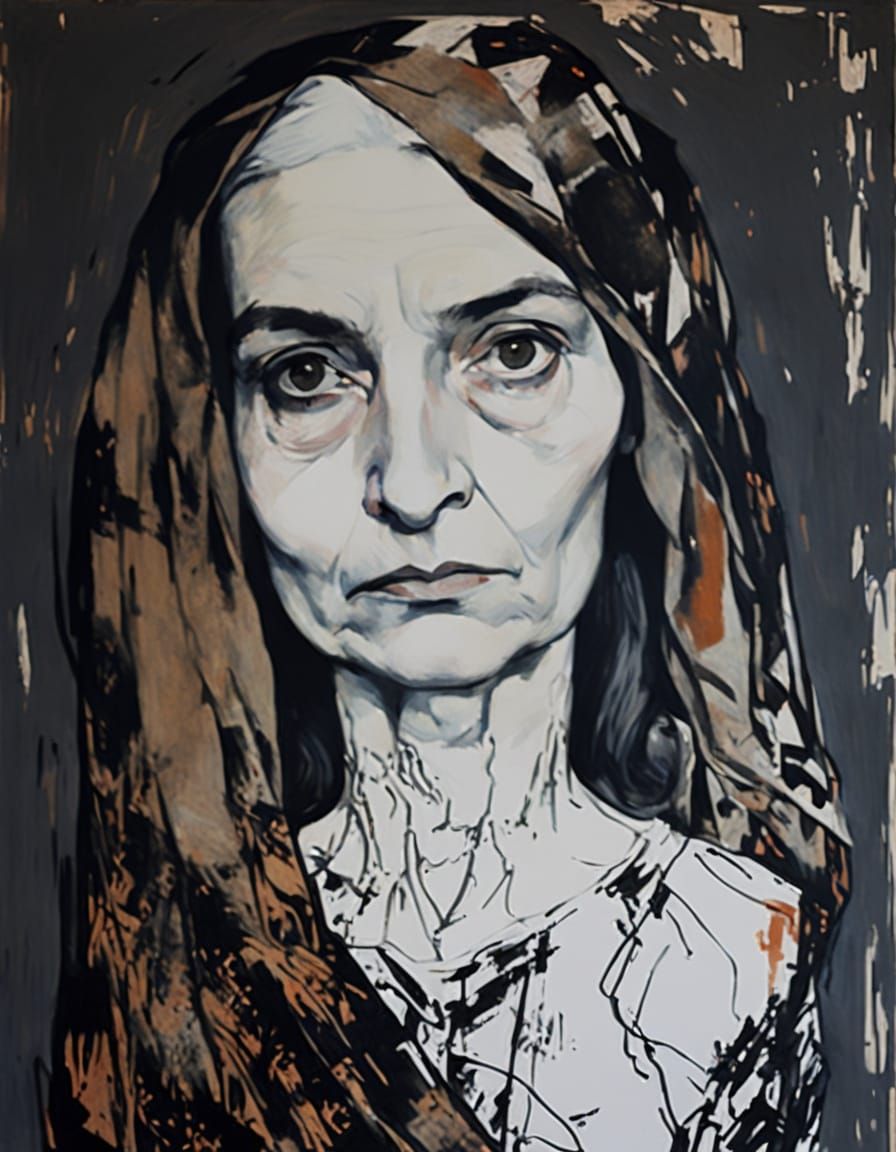 Moody and expressive portrait of a brooding female figure in the intense, Expressionist style of Egon Schiele