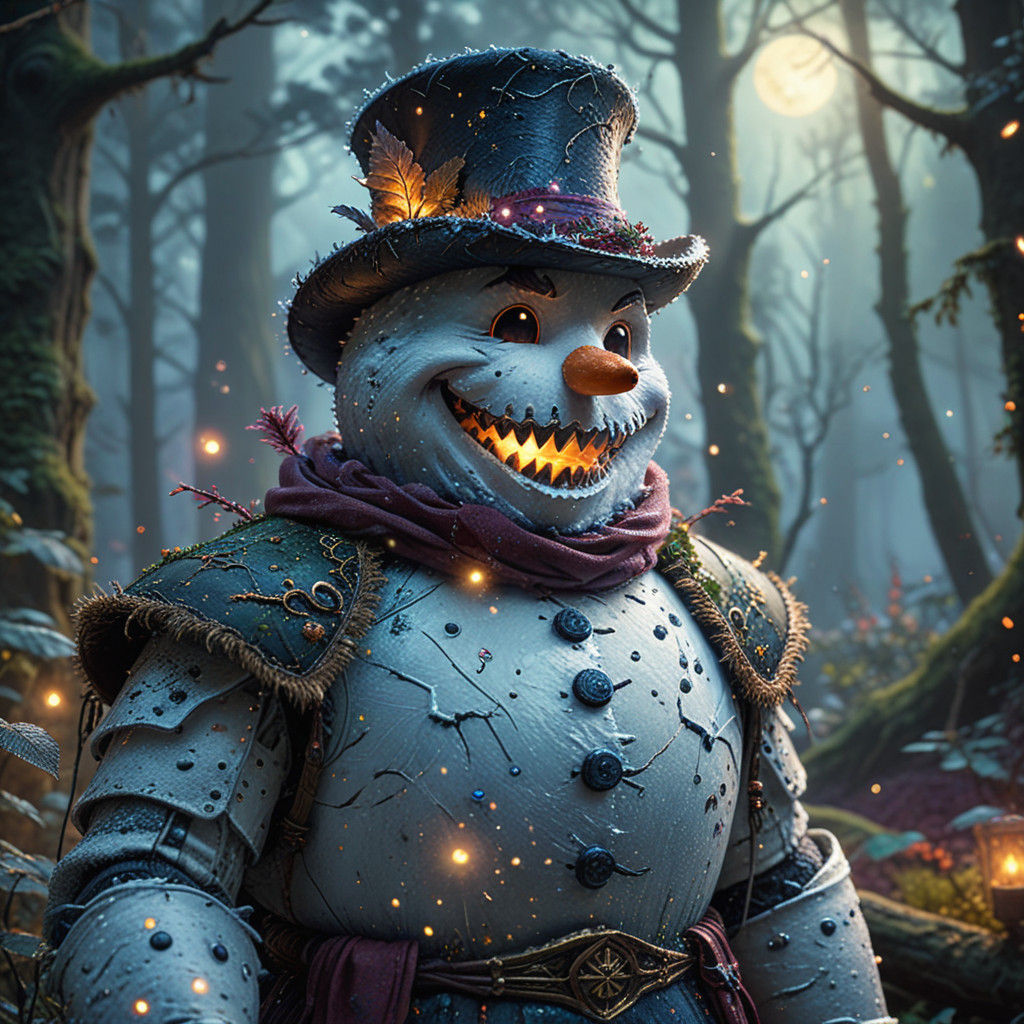 A realistic portrait of a snowman with sharp, spooky teeth.   by @Zero
