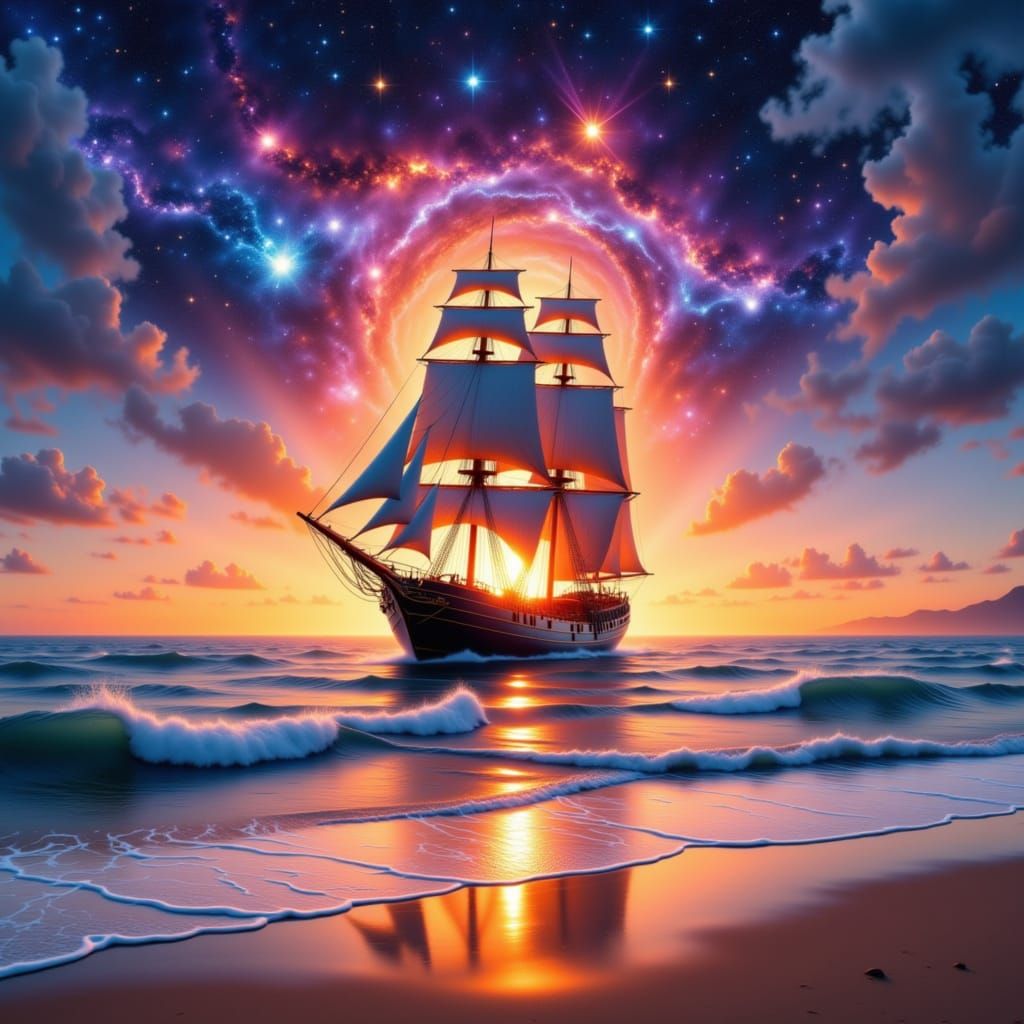 <lora:Boats and Ships:1.0>A surreal airbrushed landscape of a ocean beach sunset double exposure ship airbrushed orange ocean sunset galaxy....