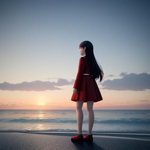 Dress in red standing by the beach looking at to sea, watchi...