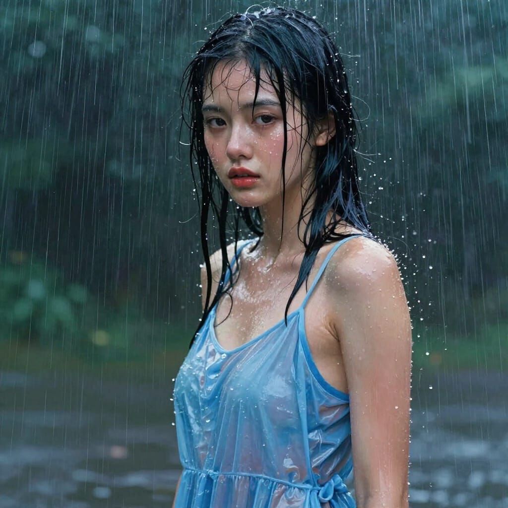 Woman in Soaking Blue Dress in Expressive Digital Painting