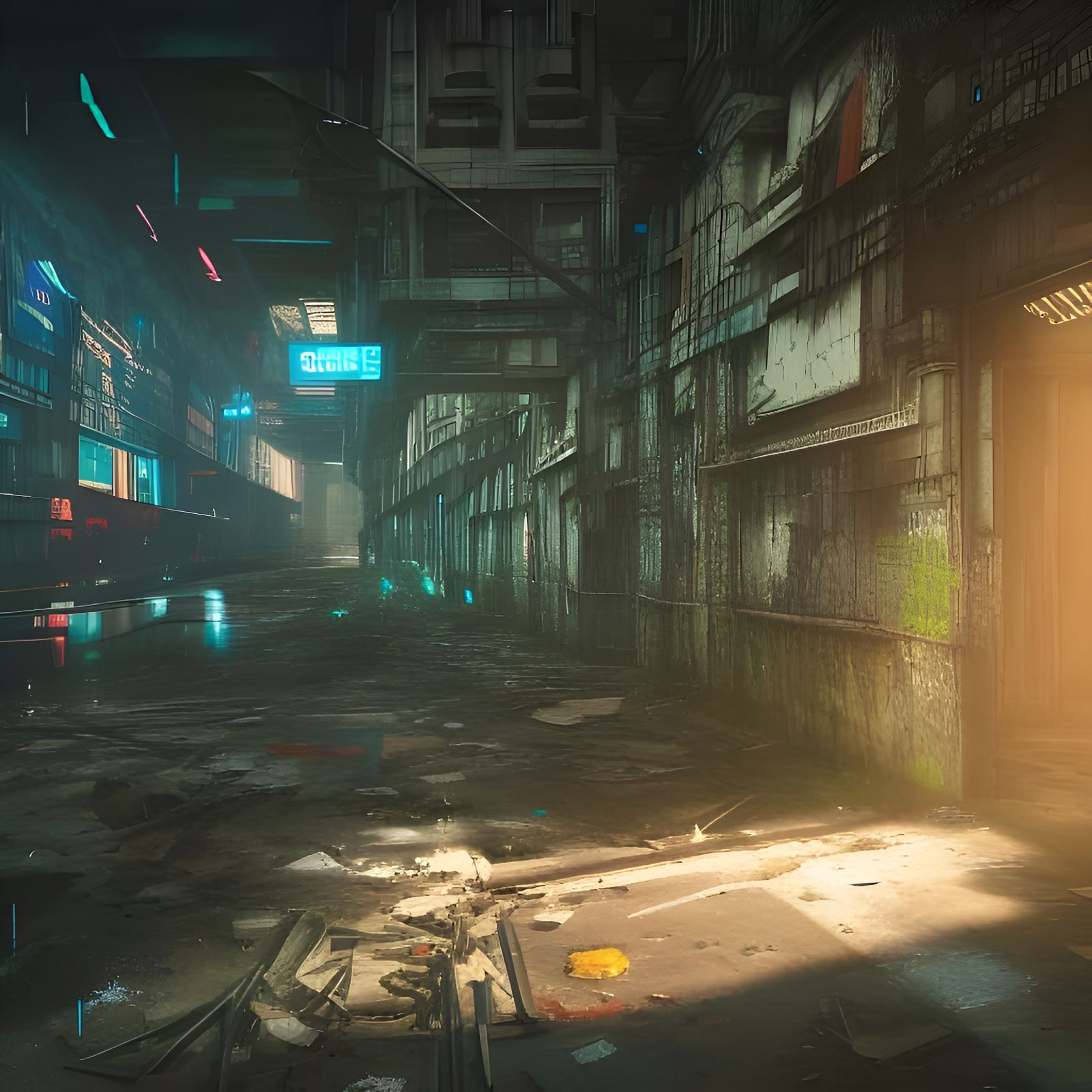 cyberpunk machine surounded by abandoned building, holes in roof and ...