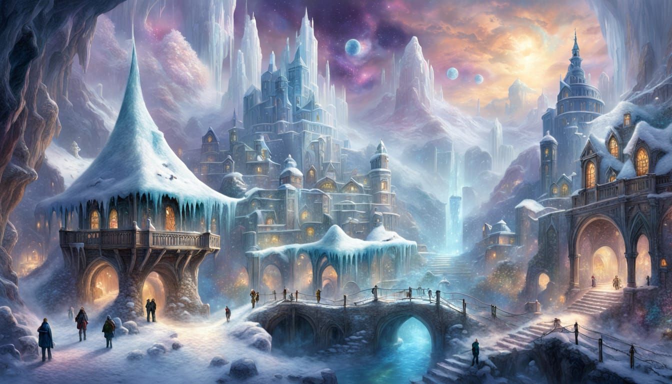 Ethereal Ice City in Cosmic Grotto Illustration