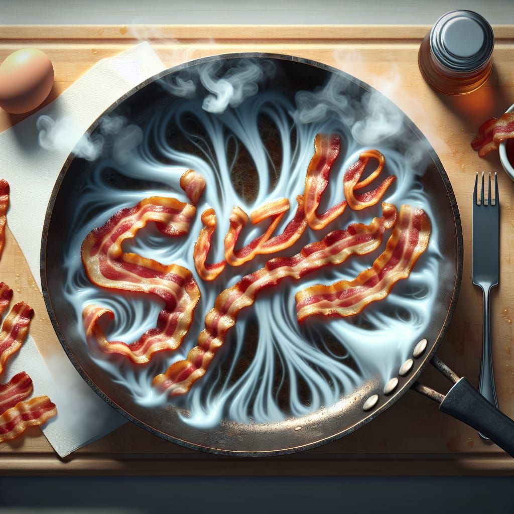 The pattern of white smoke and spattering grease rising from a phtorealistic pan of frying bacon spells: ...  by @Math Girl 