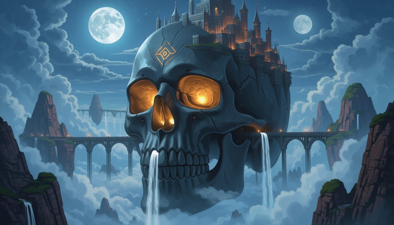 A colossal, stylized skull, carved from pure obsidian and embedded with glowing runes, serves as the foundation for an entire floating islan...