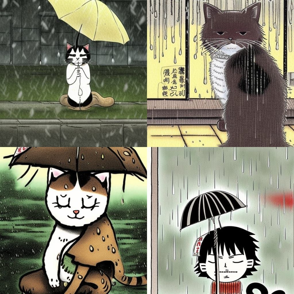 A sad, Lonely cat in the rain in Tokoyo with art by Eiichiro...