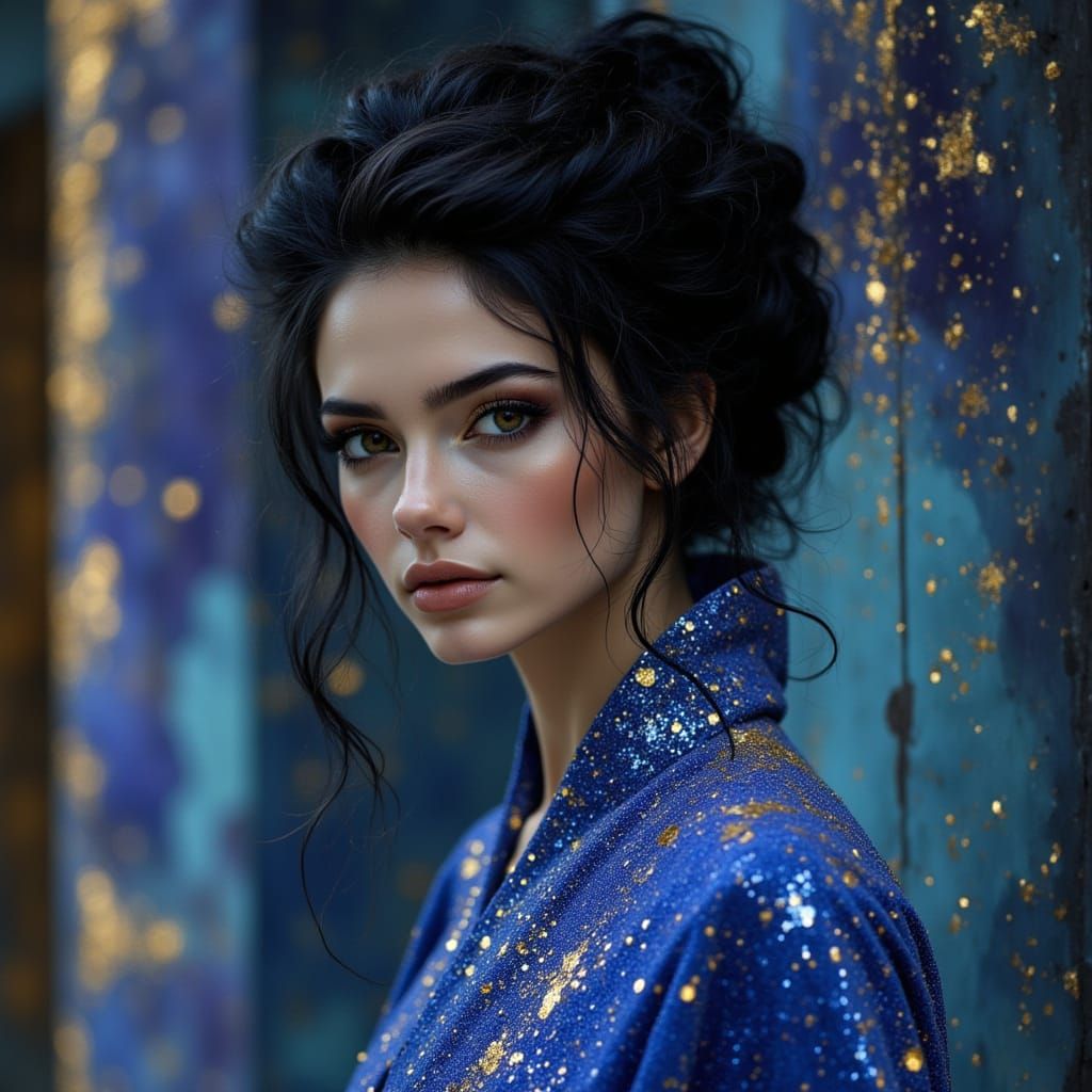 Elegant Woman in Starry Dress in Dream Palace