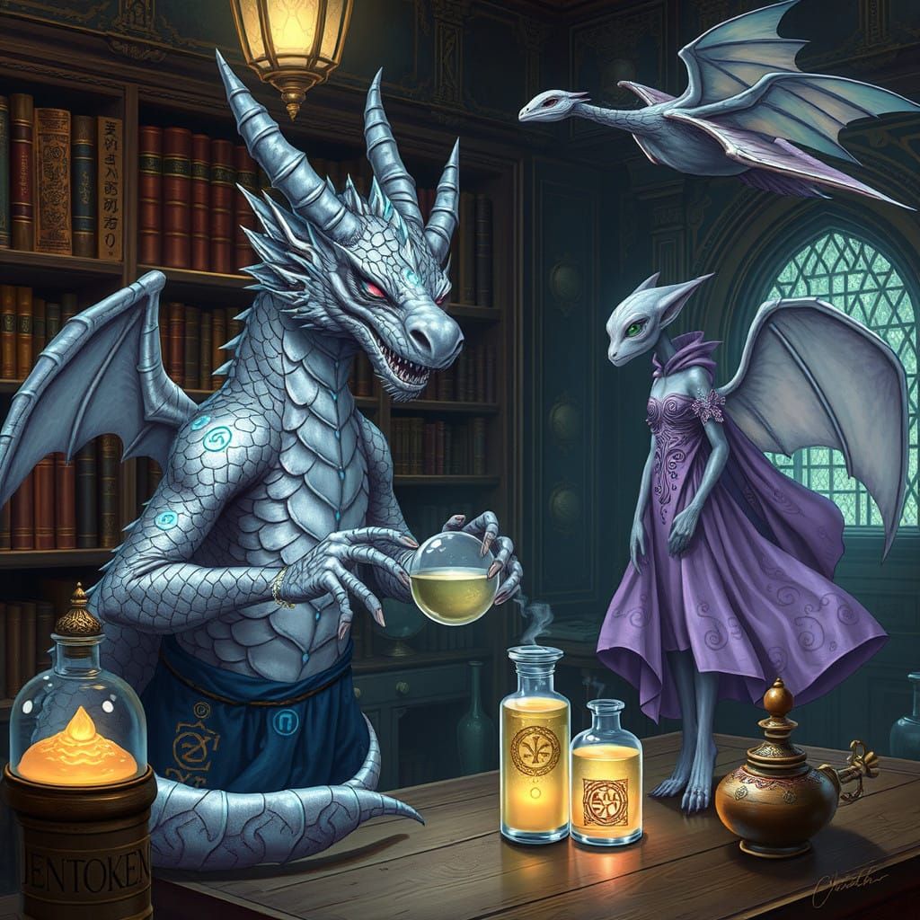 silver dragon potion master mixing elixirs, female alien