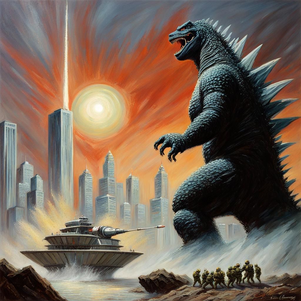 Godzilla attacking a moonbase - AI Generated Artwork - NightCafe Creator