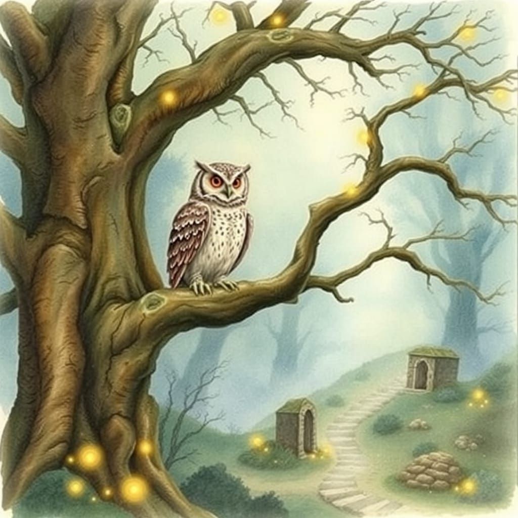 Mystical Owl in Enchanted Forest Watercolor Painting