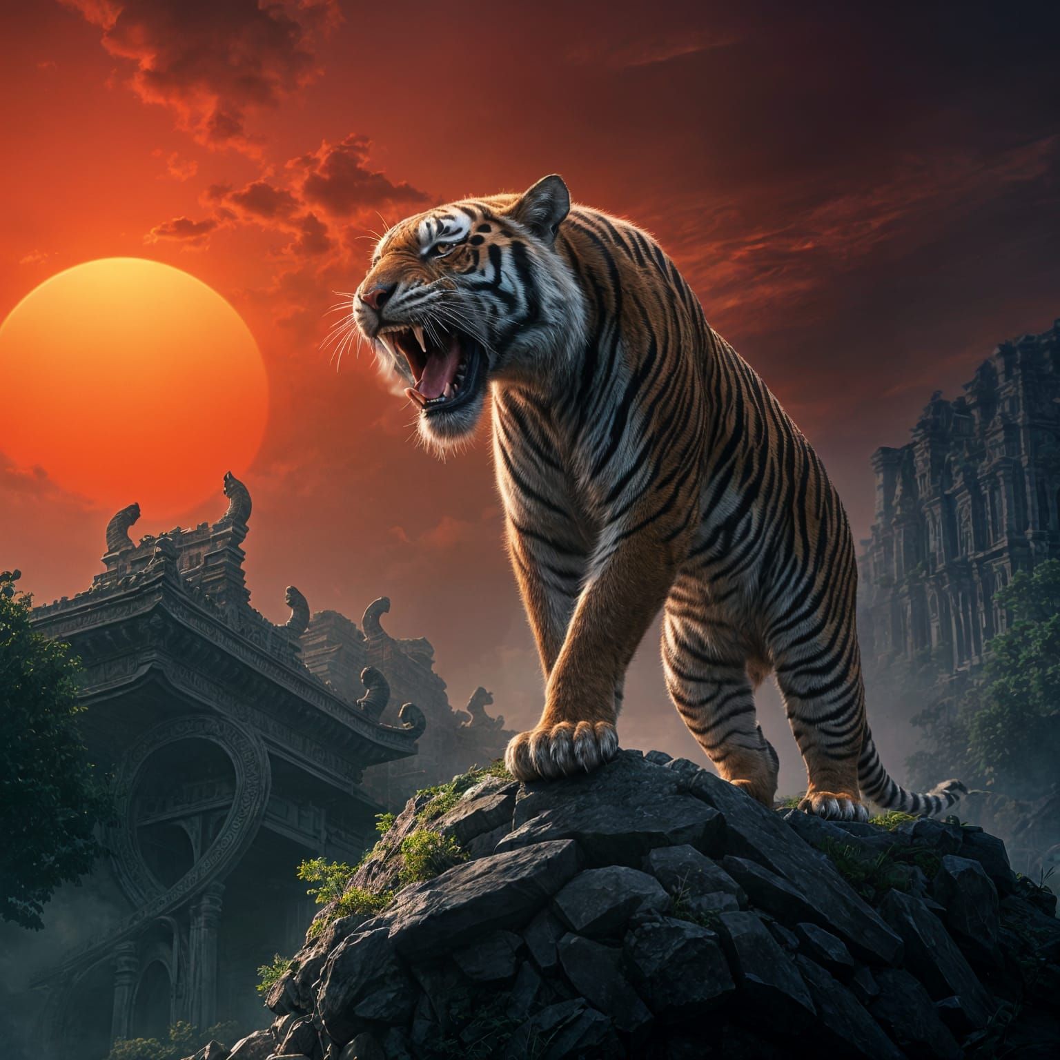 a incredible mighty roaring tiger. standing on top of a overgrown djungel temple ruin. enlighted by a ...  by @Dreamweb