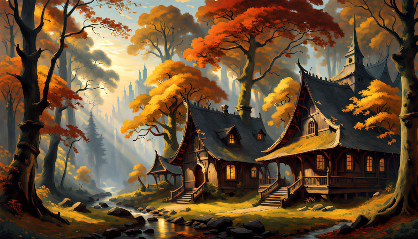 An elaborate oil painting of an elven settlement in an autumn forest with golden leaves. The silvan town buildings blend into the forest and...