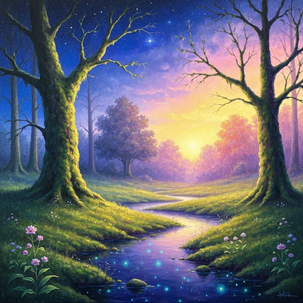 Surreal Forest Clearing Oil Painting in Golden Hour Light