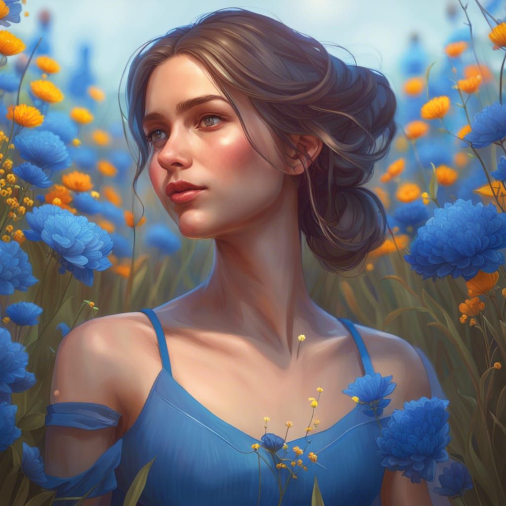 A girl in a blue dress in a field of flowers