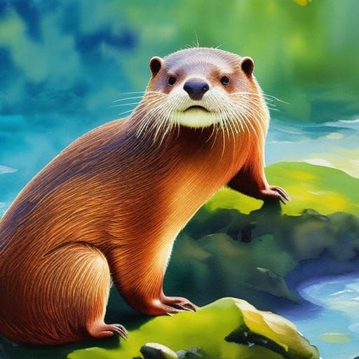 adorable otters in Gouache Style, Watercolor, Museum Epic Im...