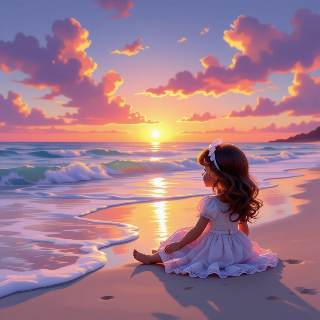 Doll on Beach at Sunset, Vibrant Colors, Digital Matte Paint...