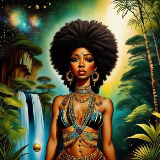 <lora:FairyTails v8:1.0>  African goddess catching a shooting stars, maestro of the cosmos, cliff, waterfall, Klimt, Lisa Parker, Victo Ngai...