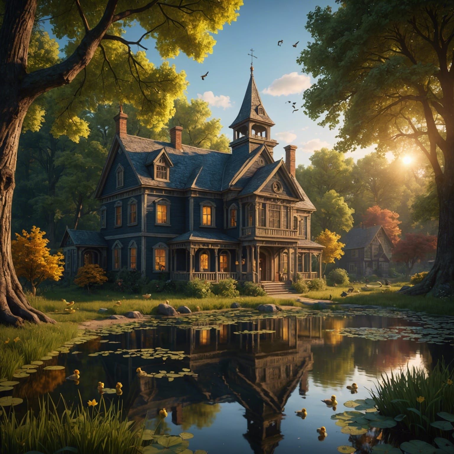 Schoolhouse in the woods, pond, ducklings, peace, sunset