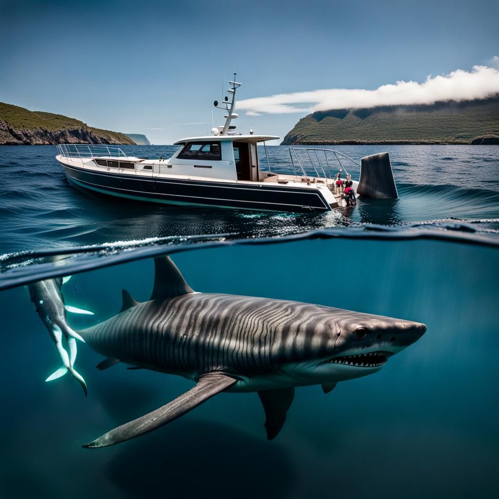 basking shark in front of a speedboat 8k em alta definição