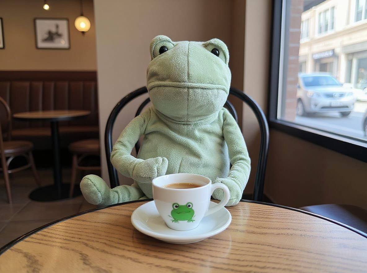 Let the plush frog sit on a chair at a table in a café and enjoy a cup of coffee with a frog print on it.
