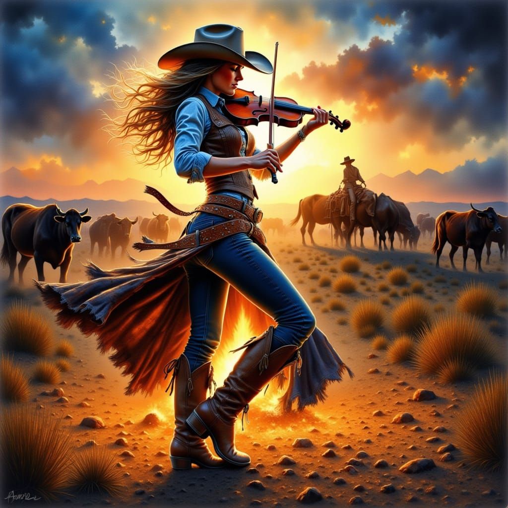 uninhibited wild gorgeous cowgirl in jeans energetically dancing to crepuscular moonrays as a cowboy plays fiddle for her. around cattle dri...