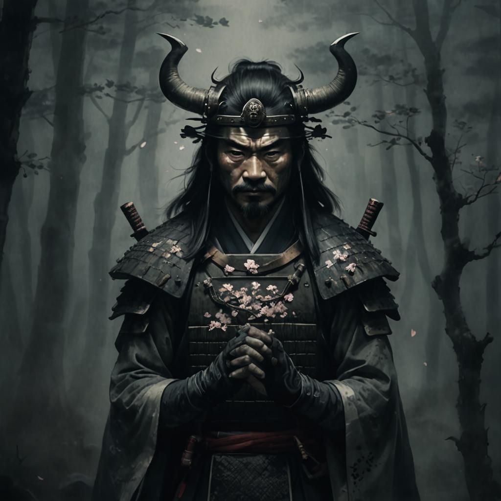 Samurai in Forest: Japanese Ink Wash Painting