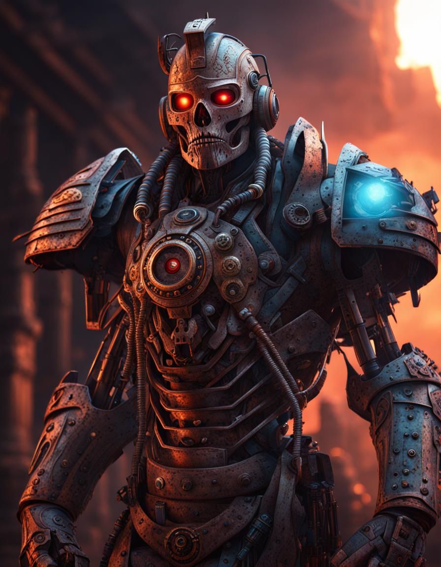 ancient cyborg warlord, horror image, heroic posture, ultra-...