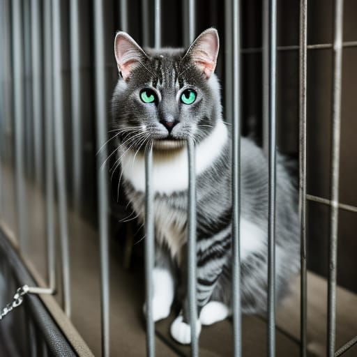 Beautiful fluffy gray stripe cat as a prisoner in jail cell,...