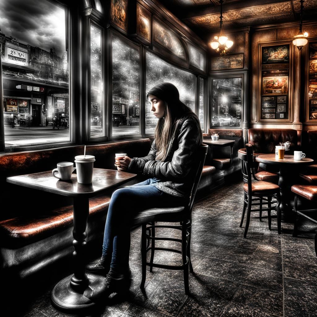 She sits alone in a smoke filled café,
Watching the world go...