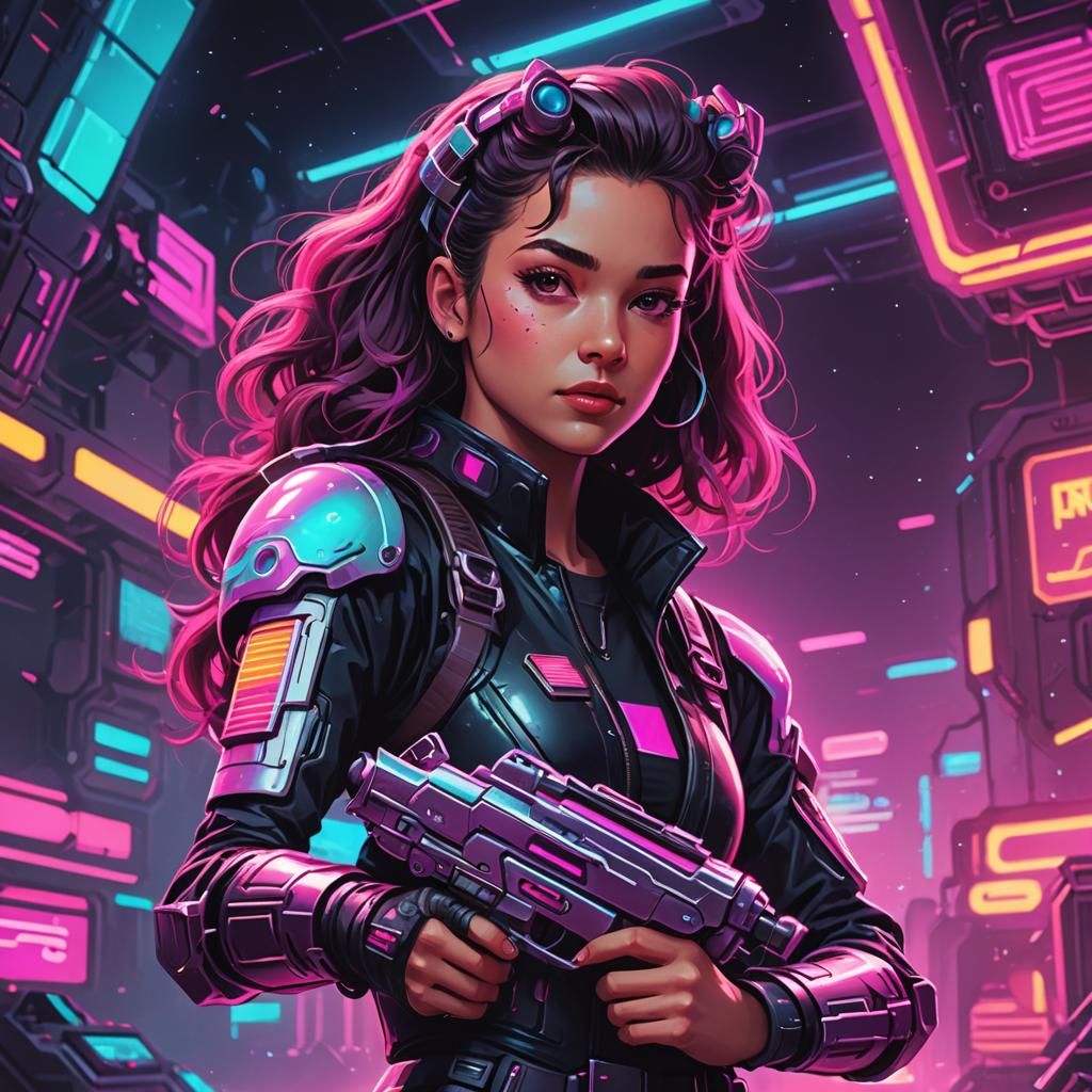 Girl holding a synthwave gun - AI Generated Artwork - NightCafe Creator