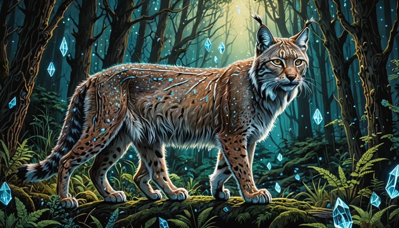 lynx, spirit animal, crystals, forest scene, hyper-detailed,...