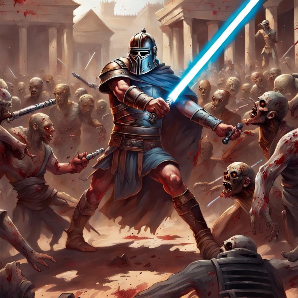 gladiator fighting a horde of zombies with a lightsaber, hyperdetailed