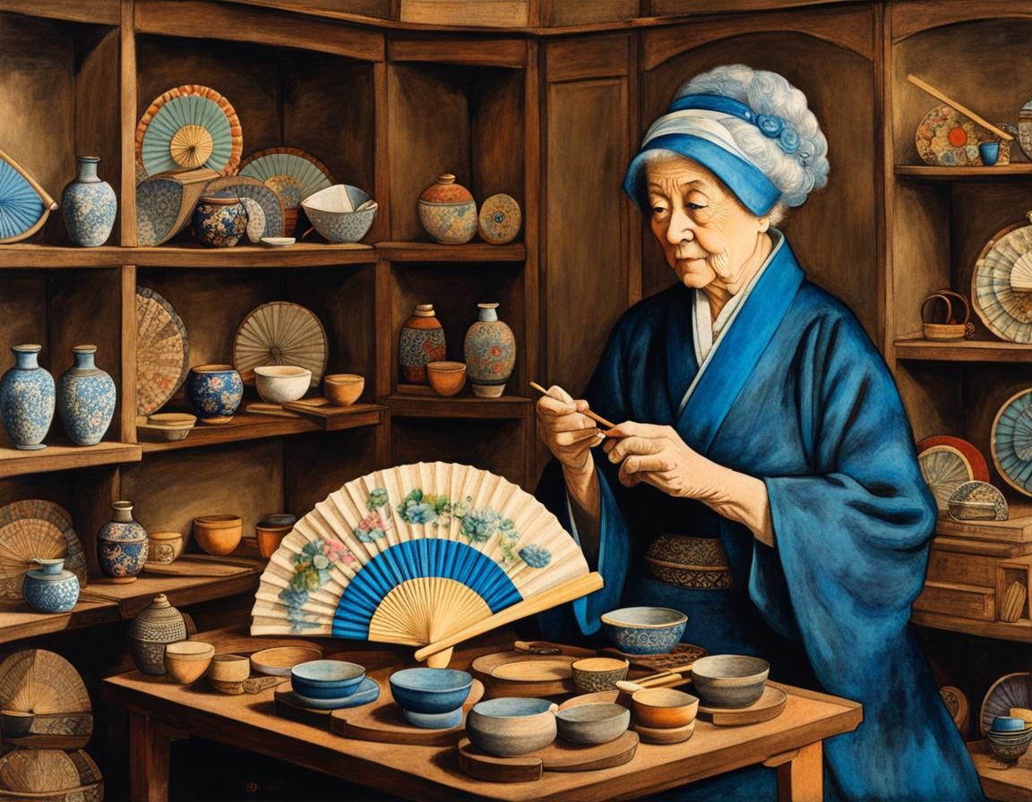 Old woman making beautiful hand-painted Japanese fans