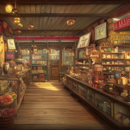 Colorful General store interior late 1800's,  Asymmetry, ecl...