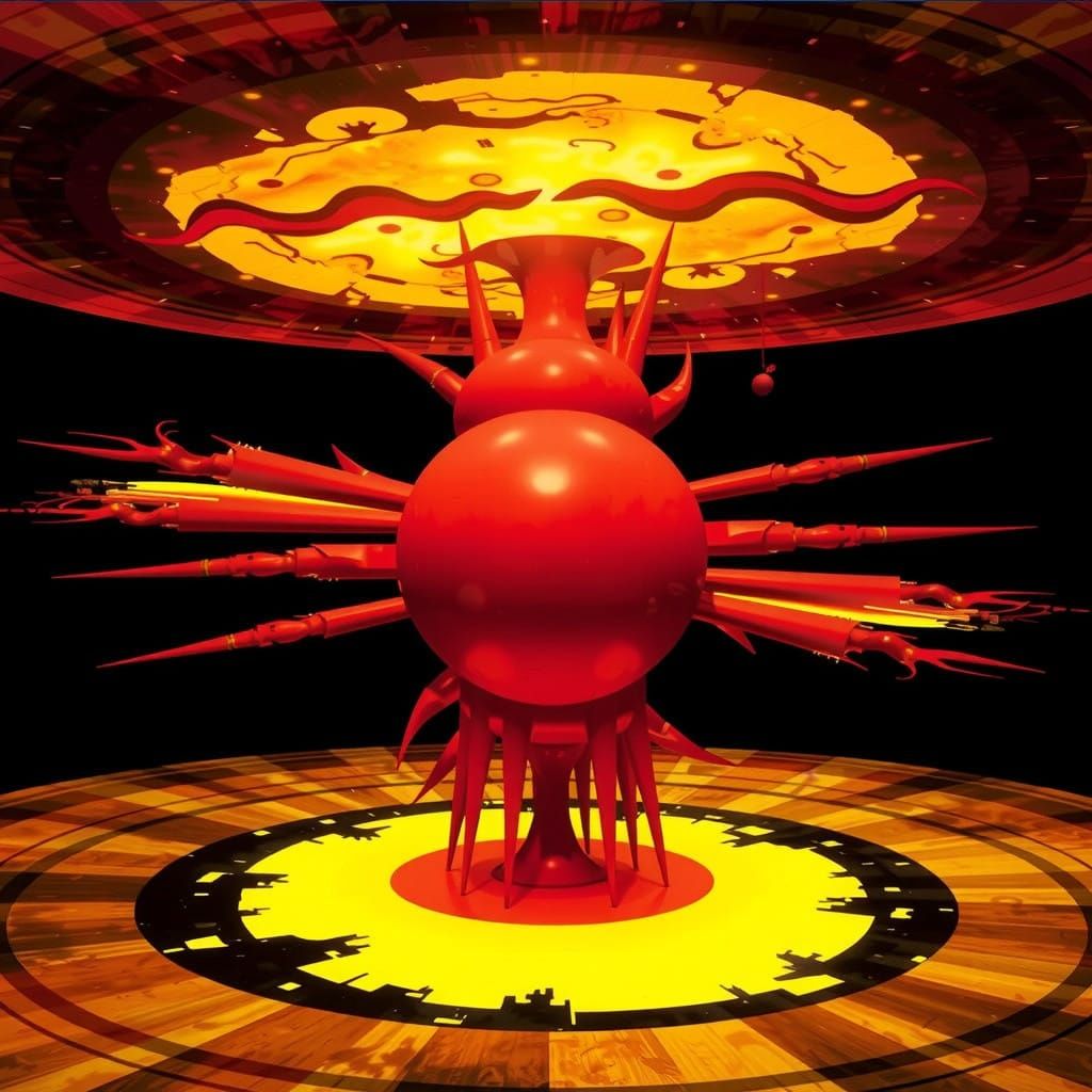 Mechanical Bloom in Crimson Hues as Sci-Fi Sculpture