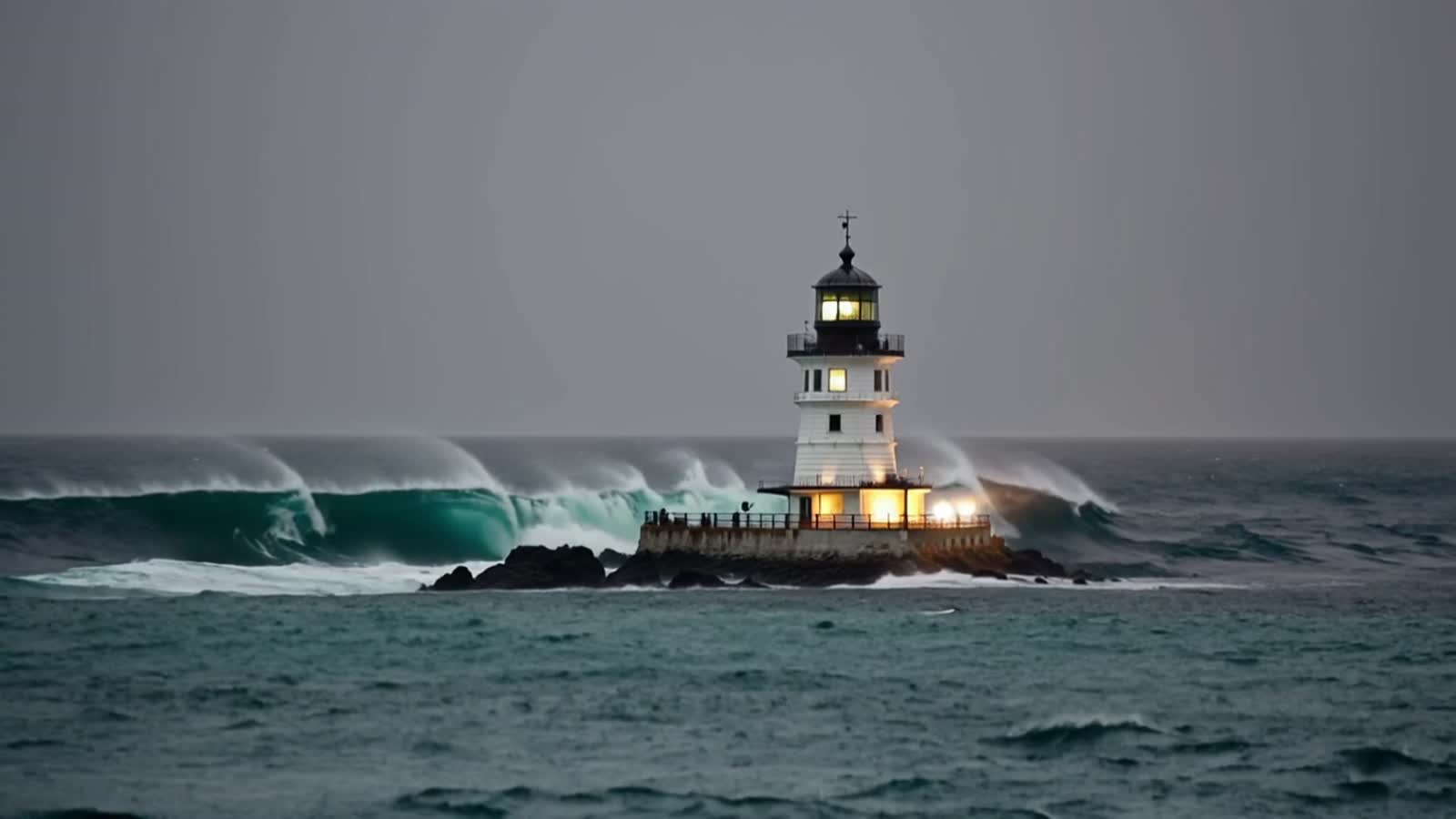 A lighthouse offers guidance during a storm and rough seas ⛈️🌬🌊