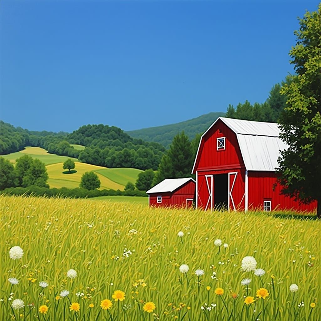 A red barn on a farm in the countryside.