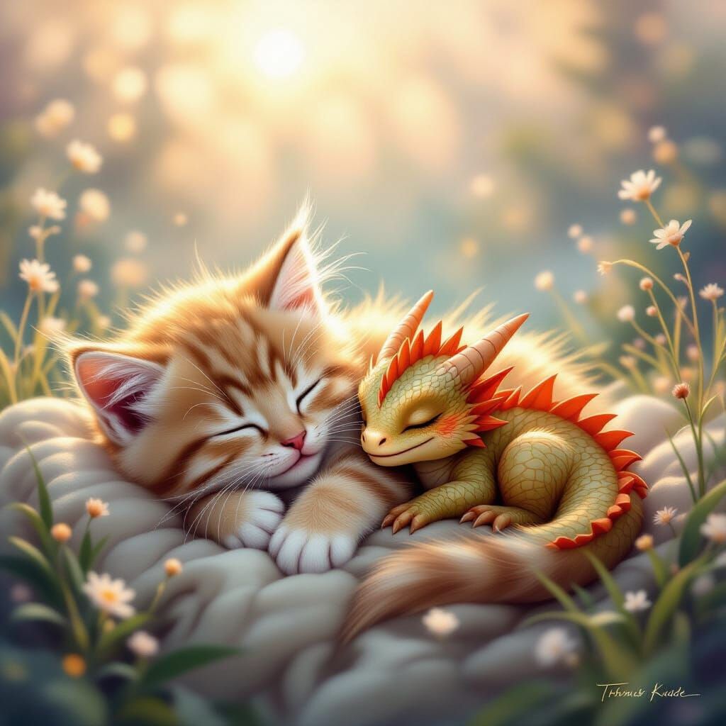 A super soft fluffy kitten sleeping with an adorable baby dragon   by @Melissa Fischer