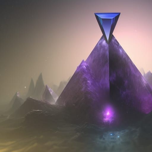 A dark purple and white pyramid shaped crystal