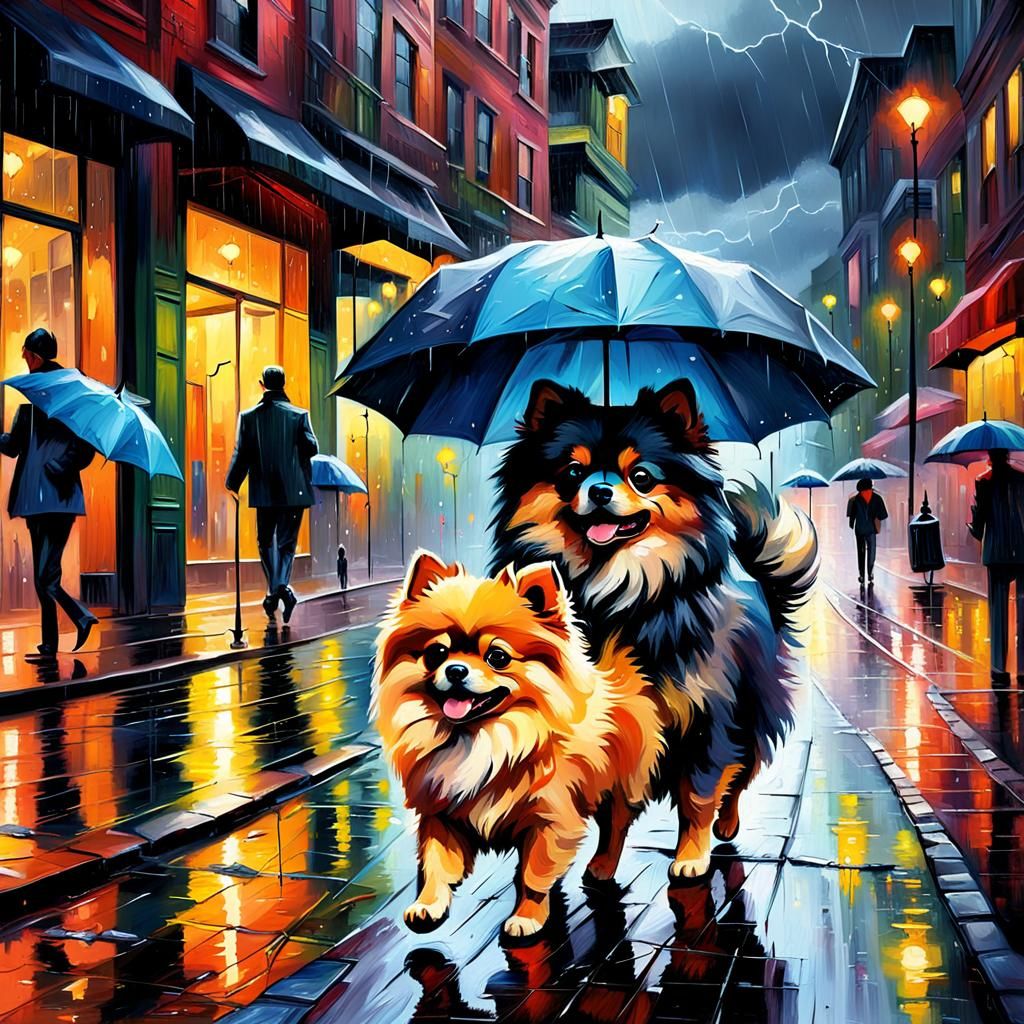 Pomeranian, walking, umbrellas, oil paint, big brush strokes...