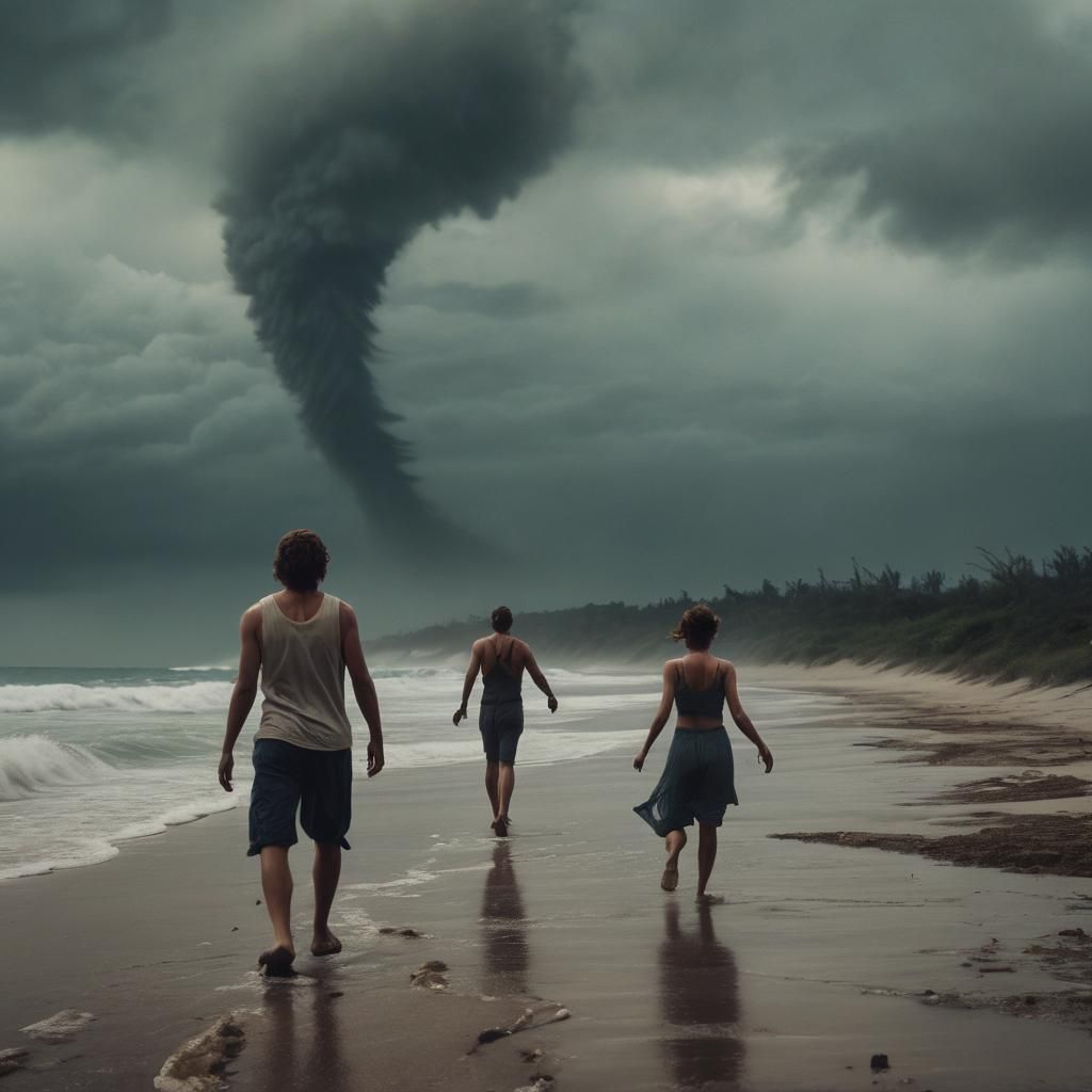 Tornado over ocean, terrorized couple running on beach