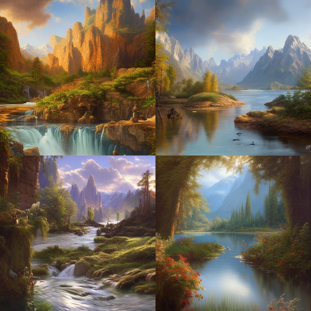 A magical landscape of epic proportions, water, flowers, mountains, beautiful scenery, intricately detailed, hyper reali...