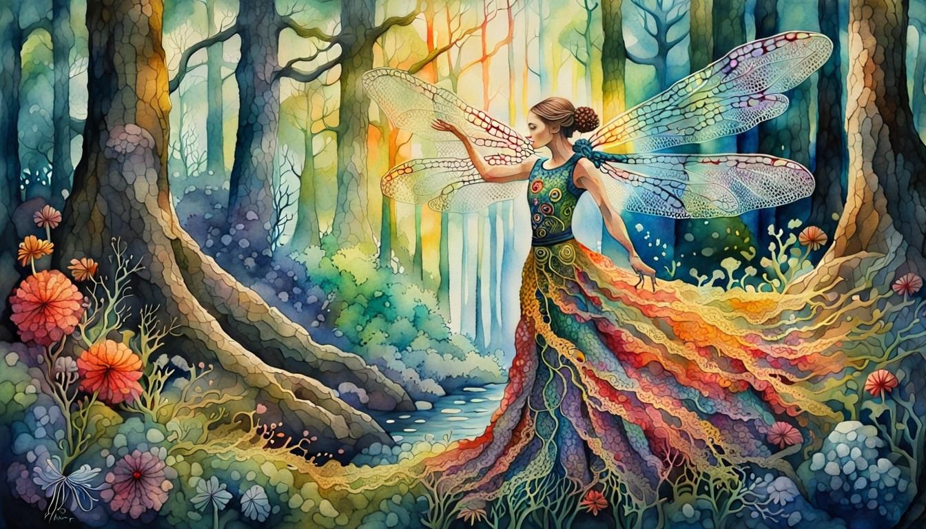  a mythical dragonfly-human hybrid woman, gracefully dancing ...  by @blenta