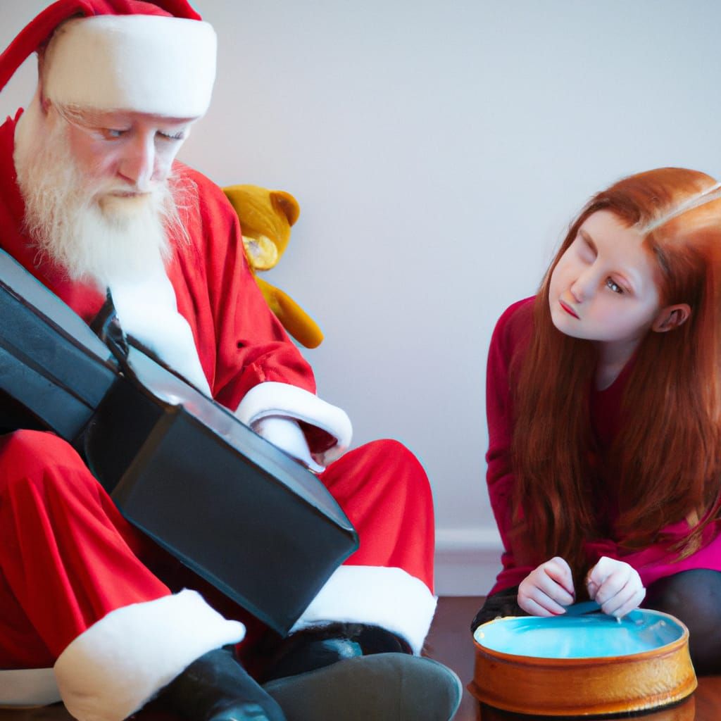 Depressed Santa begging autistic redhead girl to take his ne...